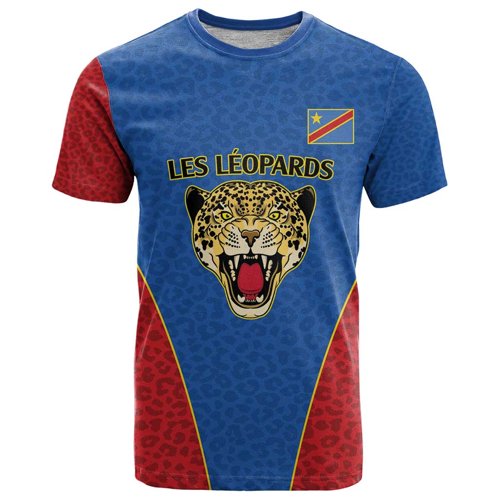 DR Congo Football Custom T-Shirt Blue Leopard Skin Pattern Graphic Tee