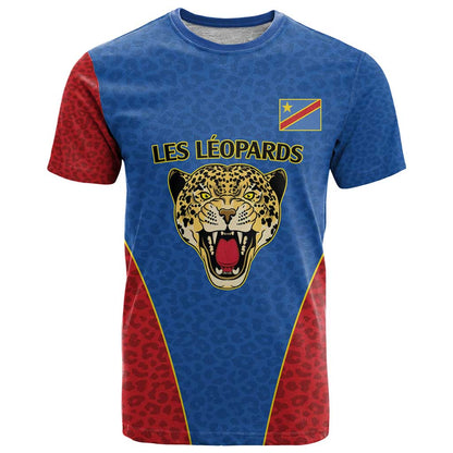 DR Congo Football Custom T-Shirt Blue Leopard Skin Pattern Graphic Tee