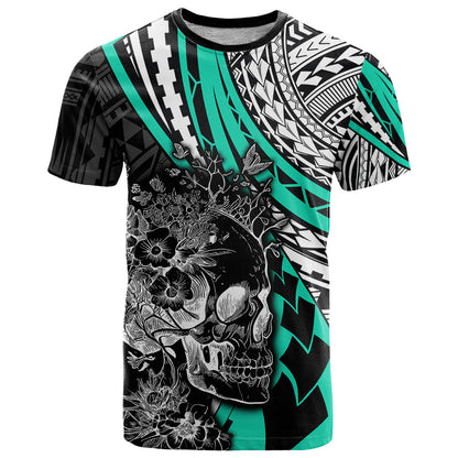 Personalised Polynesia Skull T-Shirt Tattoo In The Style Of Maori With Marine Life Aqua Graphic Tee