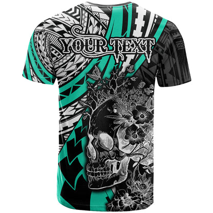 Personalised Polynesia Skull T-Shirt Tattoo In The Style Of Maori With Marine Life Aqua Graphic Tee