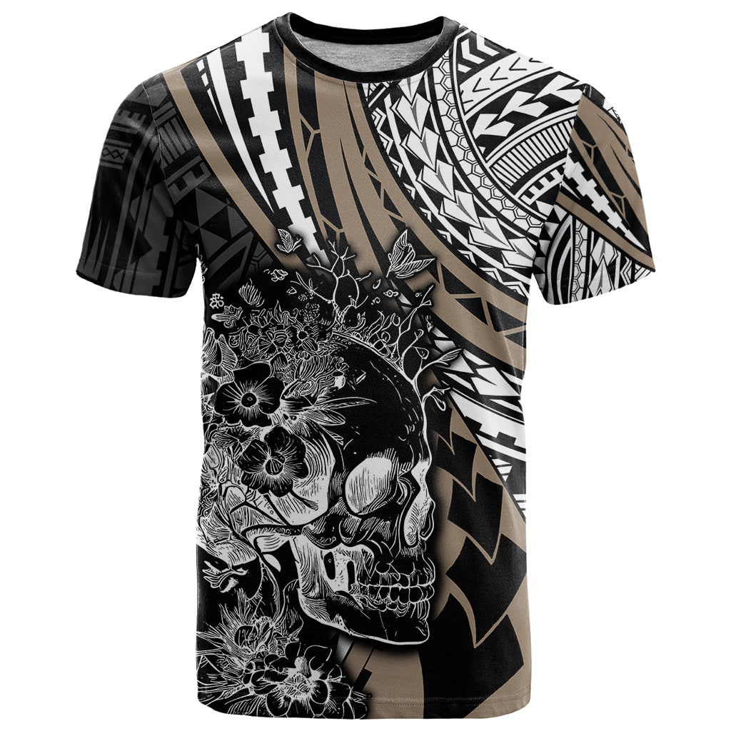 Personalised Polynesia Skull T-Shirt Tattoo In The Style Of Maori With Marine Life Gold Graphic Tee