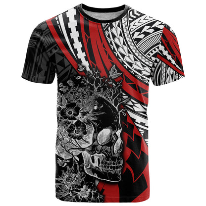 Personalised Polynesia Skull T-Shirt Tattoo In The Style Of Maori With Marine Life Red Graphic Tee