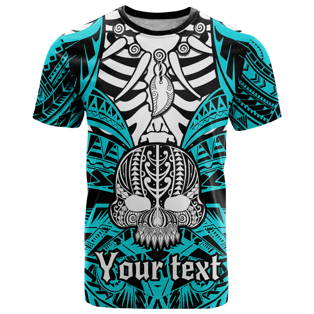 Personalised Polynesia Skull T-Shirt With Boars Tusk Aqua Arty Vibe Graphic Tee