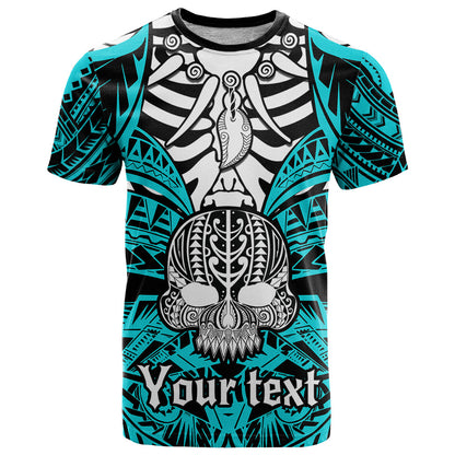 Personalised Polynesia Skull T-Shirt With Boars Tusk Aqua Arty Vibe Graphic Tee