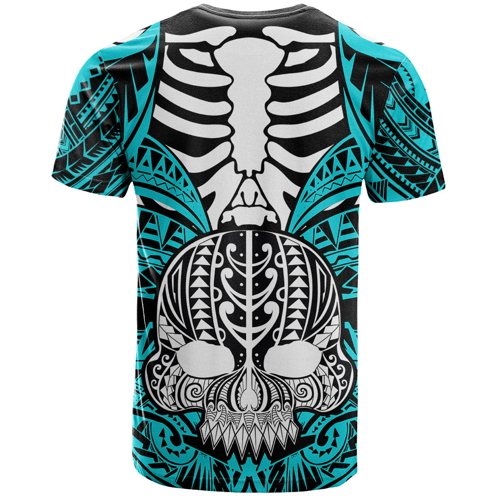 Personalised Polynesia Skull T-Shirt With Boars Tusk Aqua Arty Vibe Graphic Tee