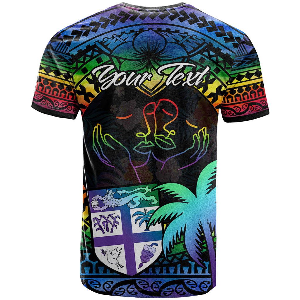 Personalised Fiji LGBT T-Shirt Love Is Love Tapa Pattern Rainbow Water Color Graphic Tee