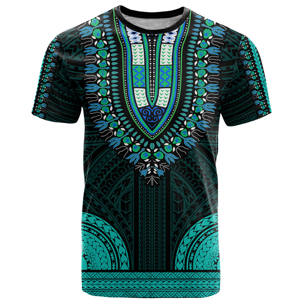 African Dashiki T-Shirt With Polynesian Pattern - Teal Graphic Tee