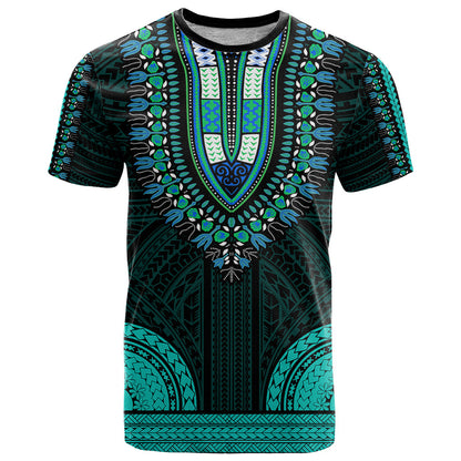 African Dashiki T-Shirt With Polynesian Pattern - Teal Graphic Tee