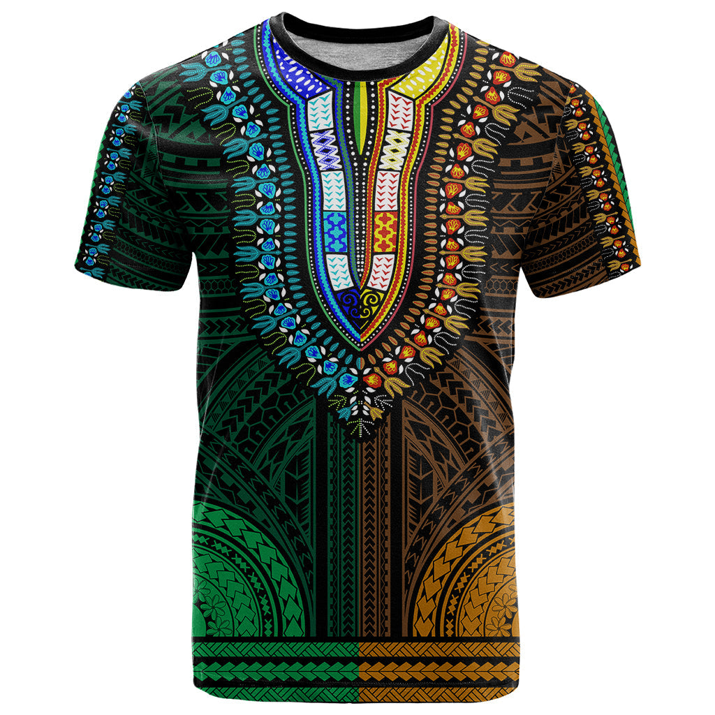 African Dashiki T-Shirt With Polynesian Pattern - Half Green and Gold Graphic Tee