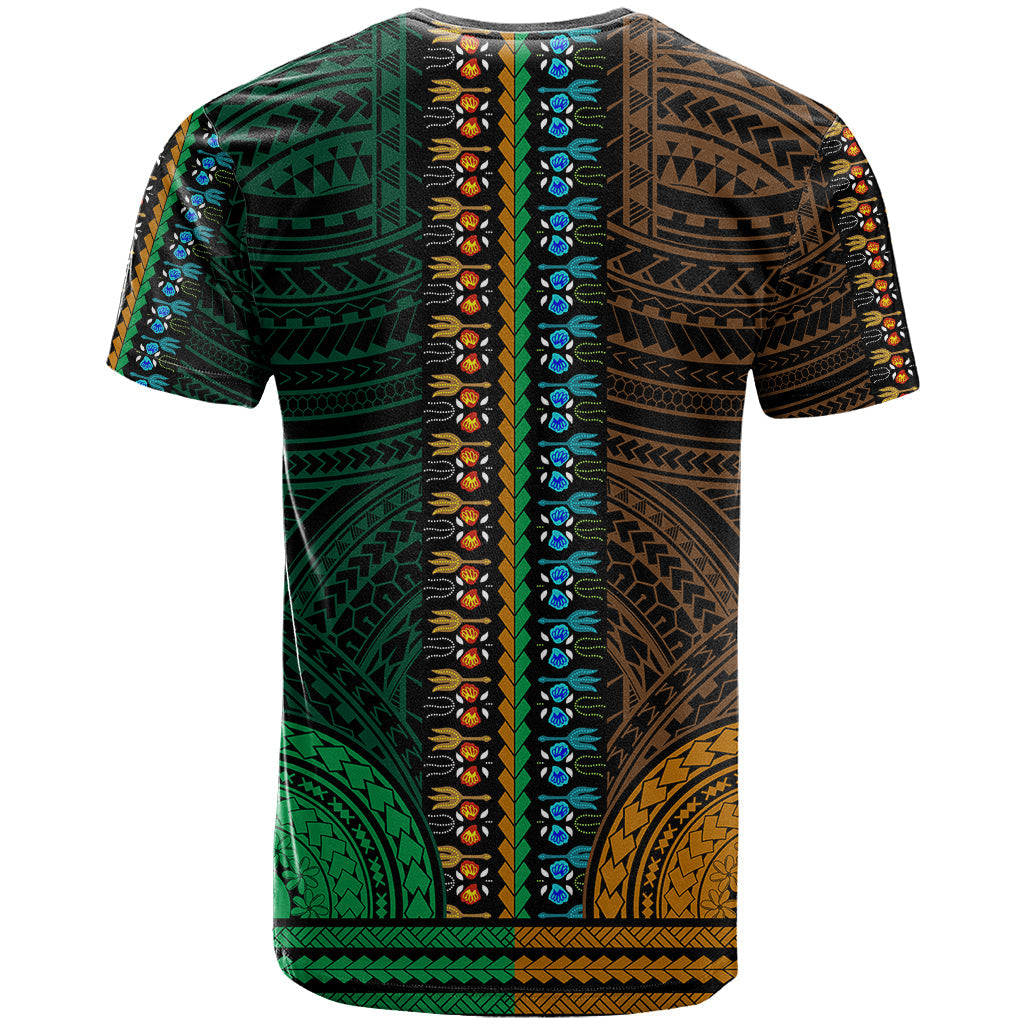 African Dashiki T-Shirt With Polynesian Pattern - Half Green and Gold Graphic Tee
