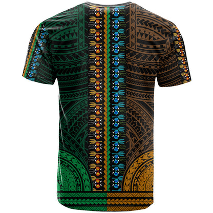 African Dashiki T-Shirt With Polynesian Pattern - Half Green and Gold Graphic Tee