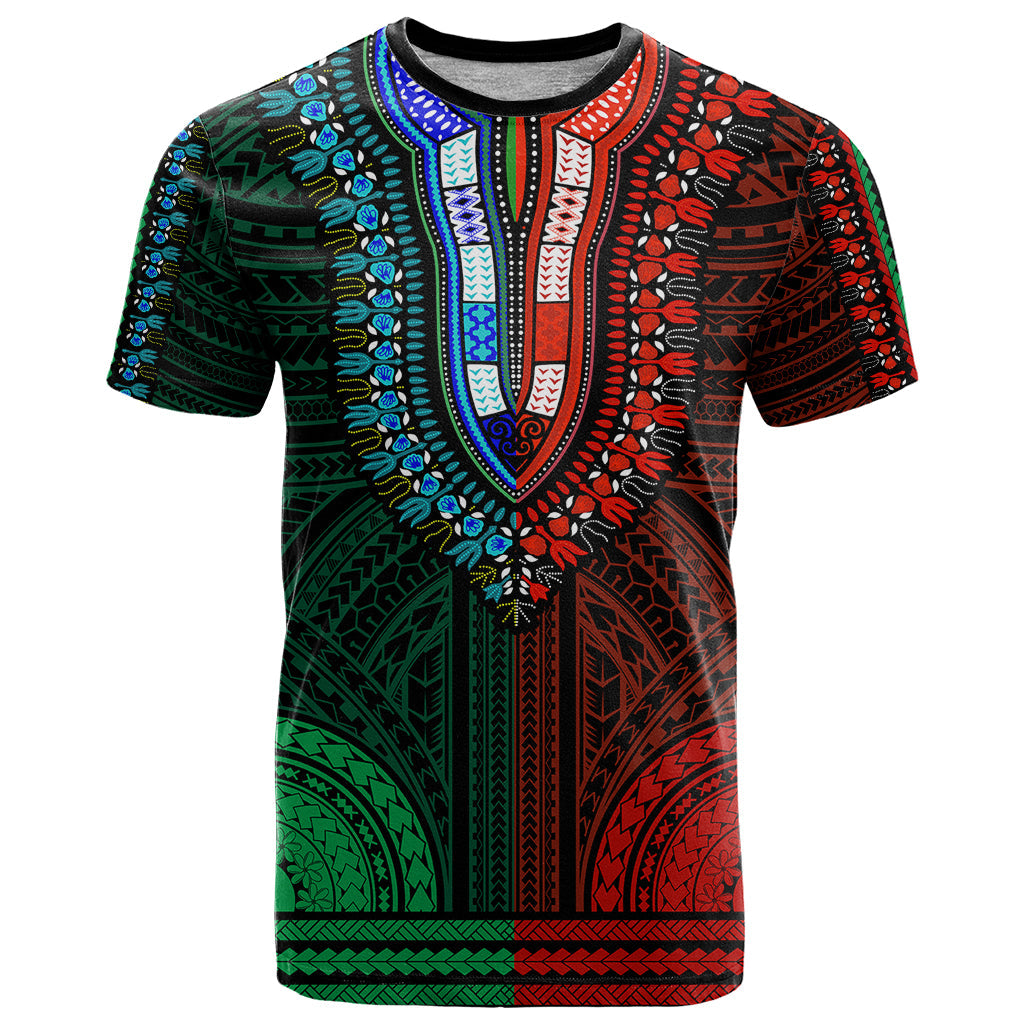 African Dashiki T-Shirt With Polynesian Pattern - Half Green and Red Graphic Tee
