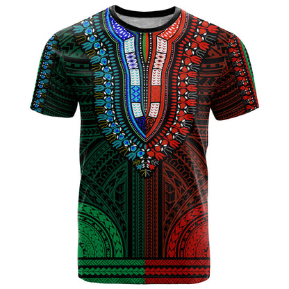 African Dashiki T-Shirt With Polynesian Pattern - Half Green and Red Graphic Tee