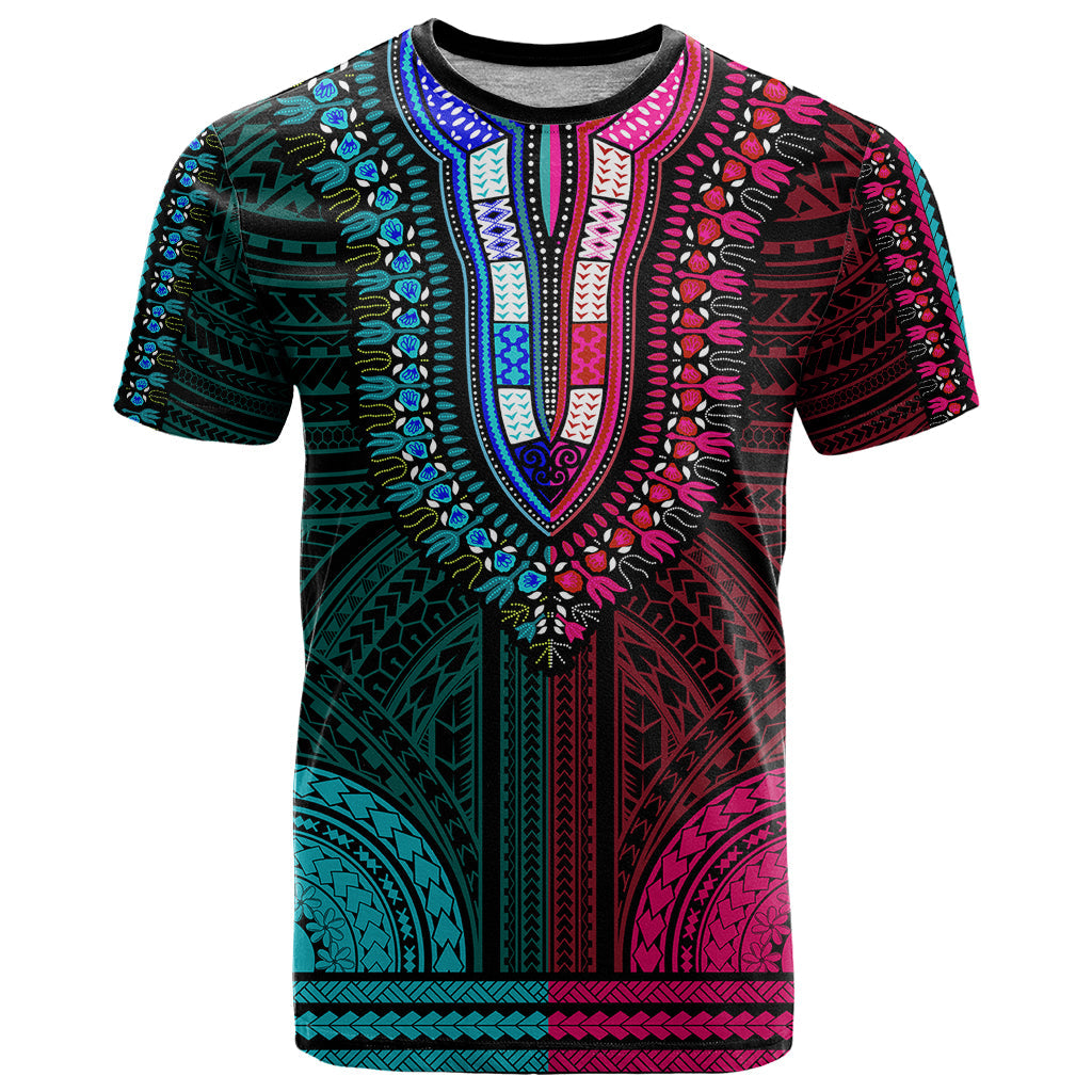African Dashiki T-Shirt With Polynesian Pattern - Half Teal and Pink Graphic Tee