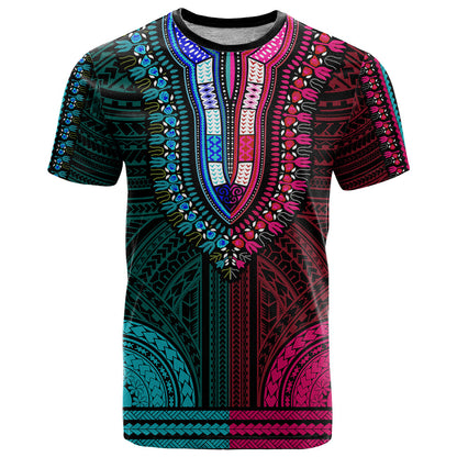 African Dashiki T-Shirt With Polynesian Pattern - Half Teal and Pink Graphic Tee