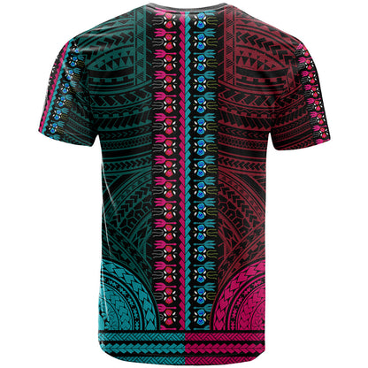 African Dashiki T-Shirt With Polynesian Pattern - Half Teal and Pink Graphic Tee