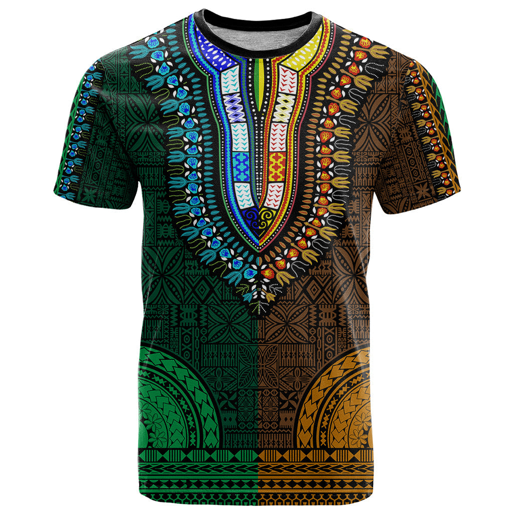 African Dashiki T-Shirt With Tapa Pattern - Half Green and Gold Graphic Tee