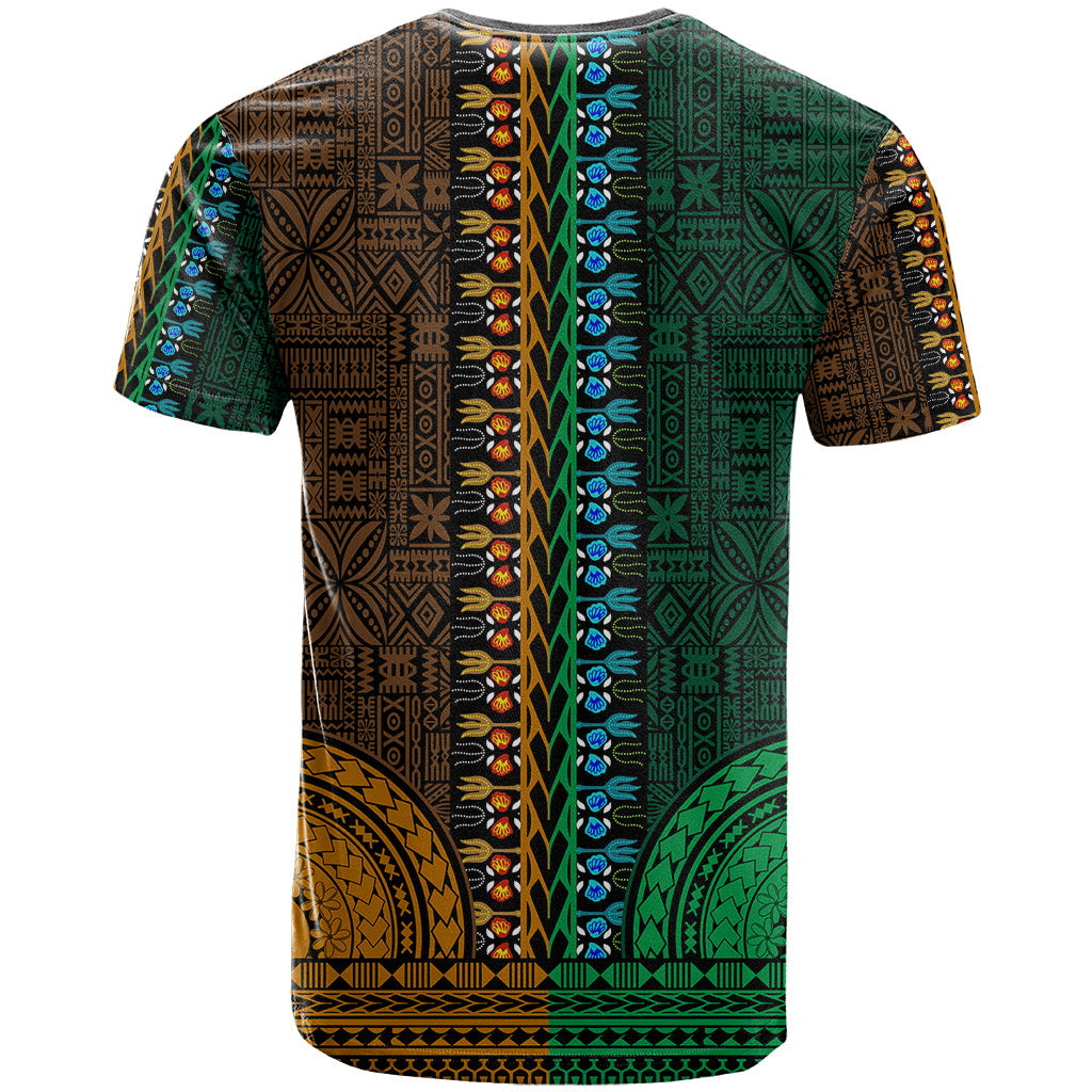 African Dashiki T-Shirt With Tapa Pattern - Half Green and Gold Graphic Tee