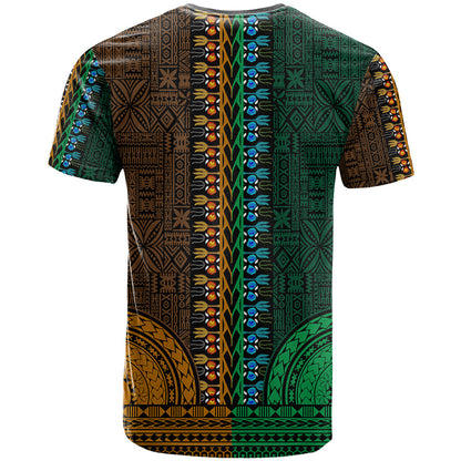 African Dashiki T-Shirt With Tapa Pattern - Half Green and Gold Graphic Tee