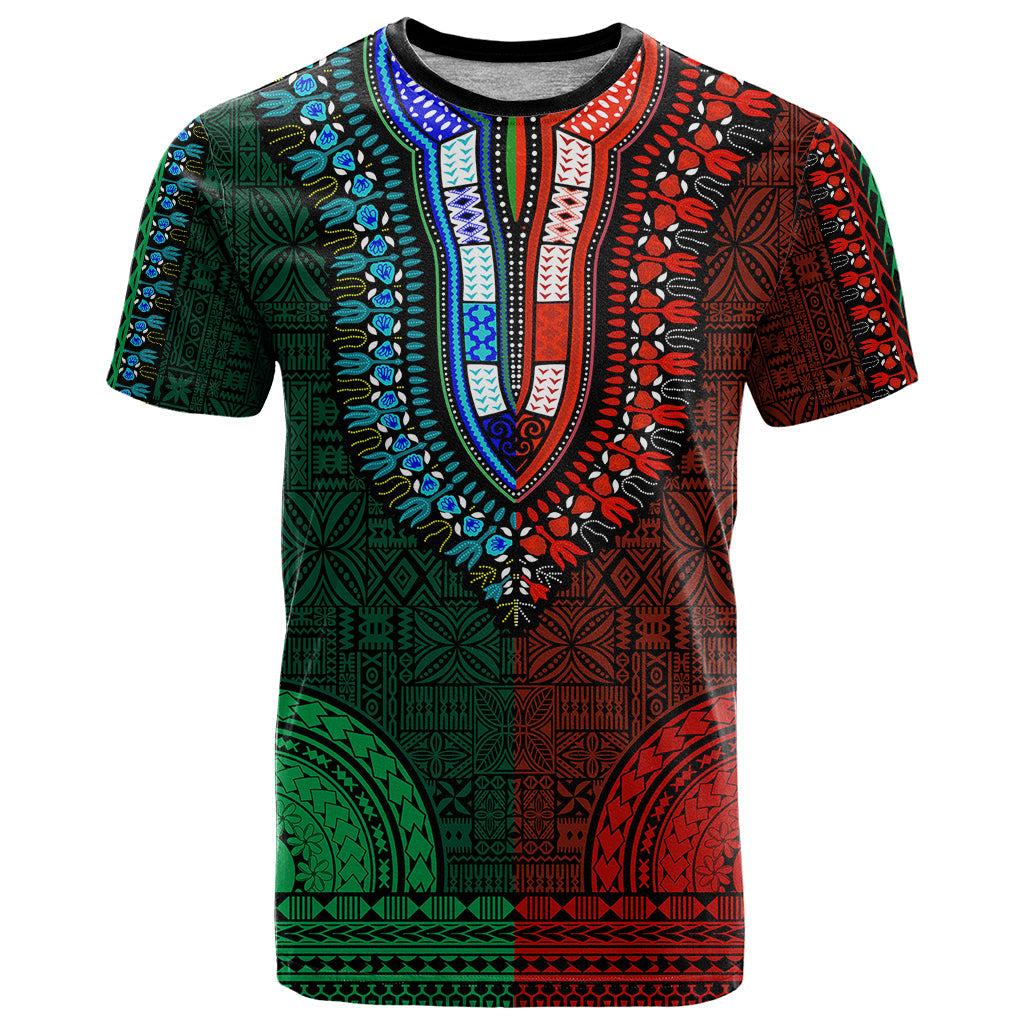 African Dashiki T-Shirt With Tapa Pattern - Half Green and Red Graphic Tee