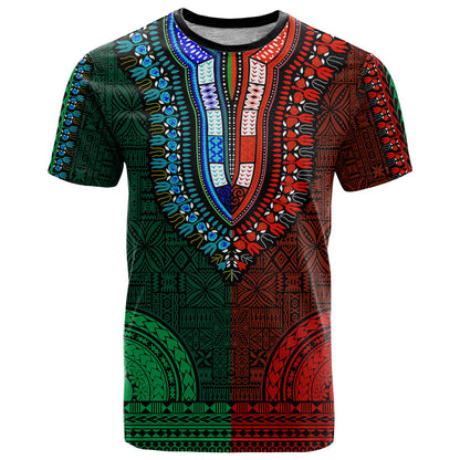 African Dashiki T-Shirt With Tapa Pattern - Half Green and Red Graphic Tee