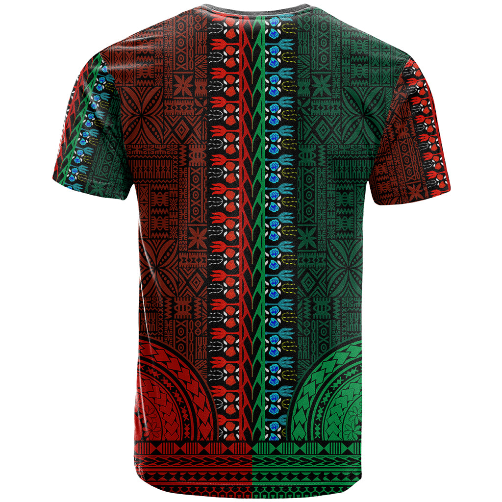 African Dashiki T-Shirt With Tapa Pattern - Half Green and Red Graphic Tee