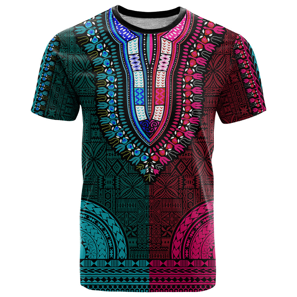 African Dashiki T-Shirt With Tapa Pattern - Half Teal and Pink Graphic Tee
