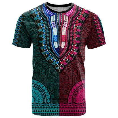 African Dashiki T-Shirt With Tapa Pattern - Half Teal and Pink Graphic Tee
