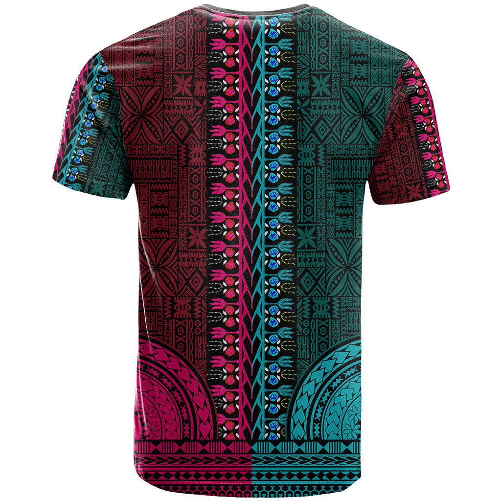 African Dashiki T-Shirt With Tapa Pattern - Half Teal and Pink Graphic Tee