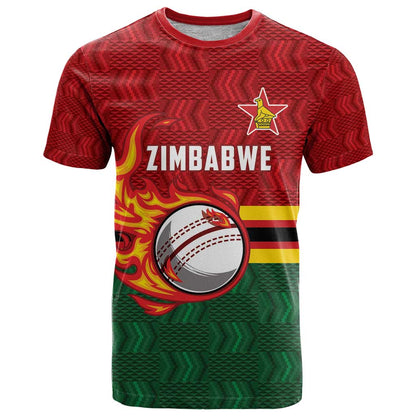Zimbabwe Cricket Custom T-Shirt The Chevrons Cricket Ball Fire Graphic Tee