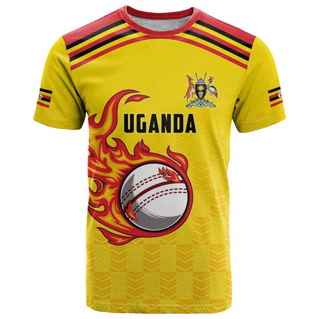 Uganda Cricket Custom T-Shirt Cranes Cricket Ball Fire Graphic Tee