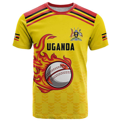 Uganda Cricket Custom T-Shirt Cranes Cricket Ball Fire Graphic Tee