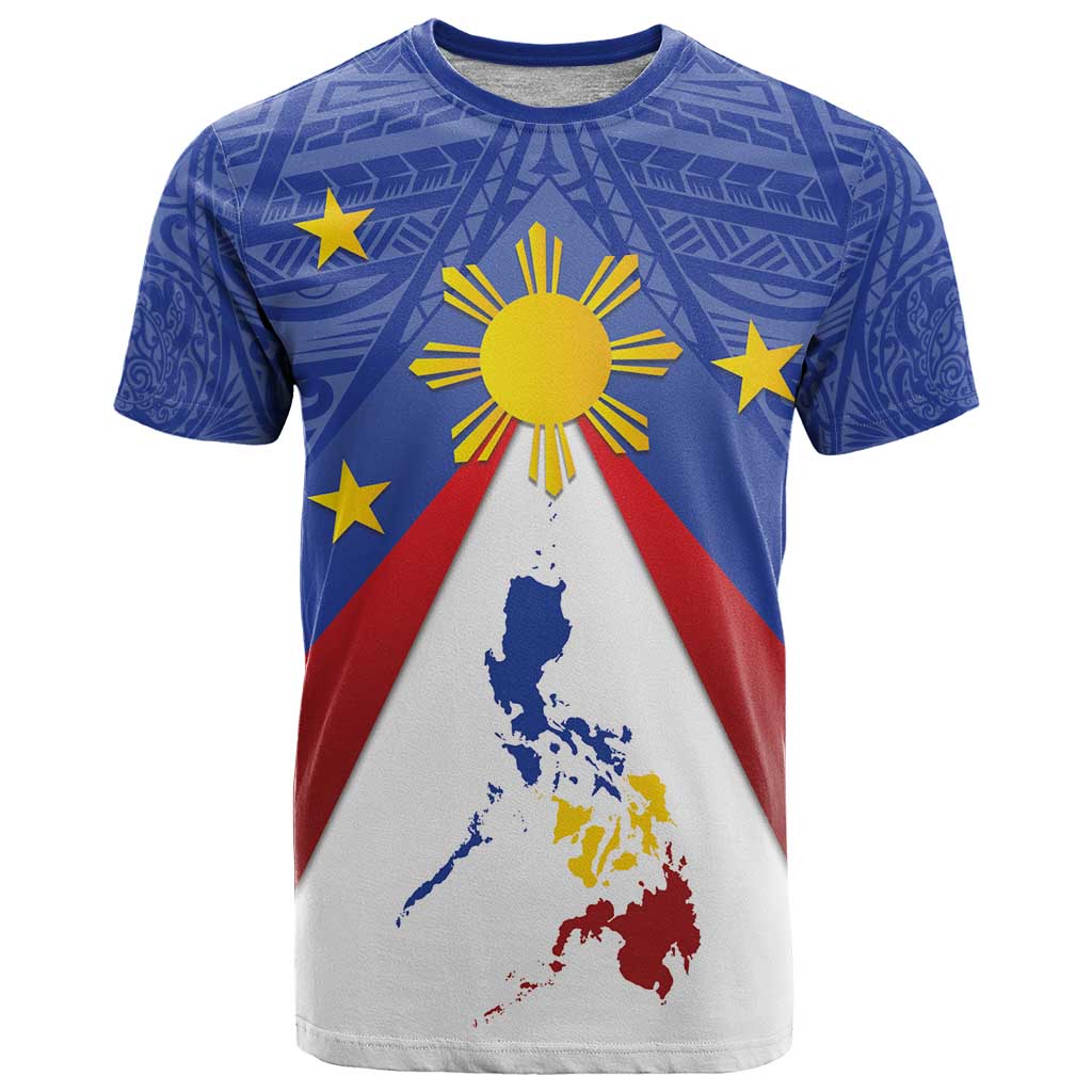 Personalized Pilipinas Eight-Rayed Sun T-Shirt Philippines Map With Polynesian Style Graphic Tee
