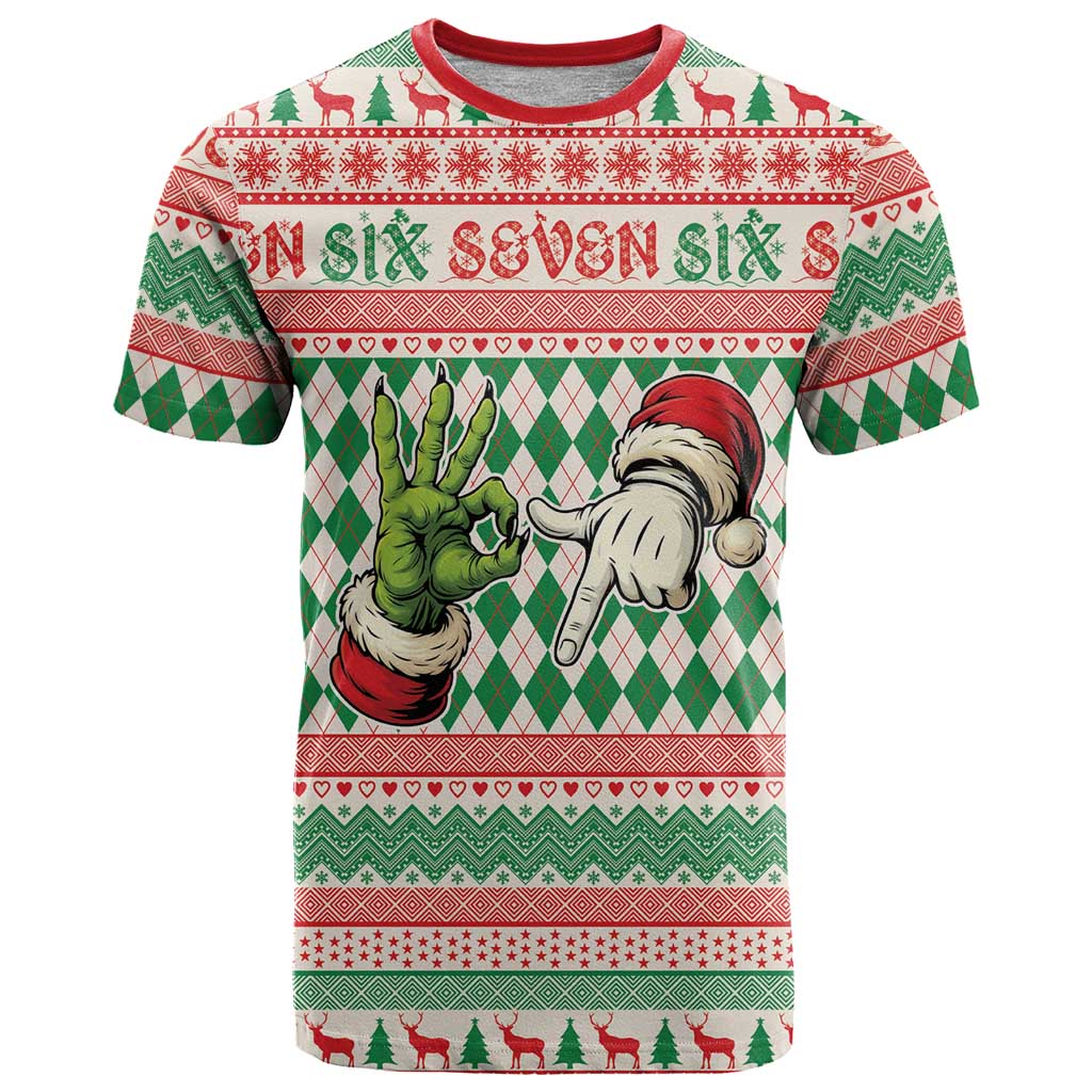 Six Seven Meme Personalized T-Shirt Funny Green Hand Christmas Graphic Tee