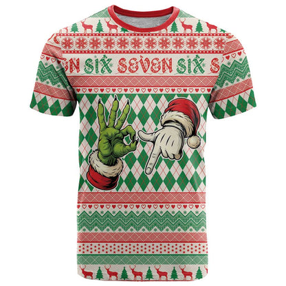 Six Seven Meme Personalized T-Shirt Funny Green Hand Christmas Graphic Tee