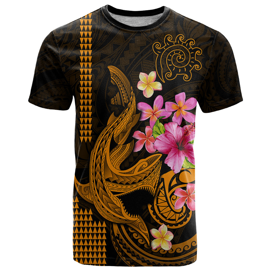 Custom Polynesian T-Shirt Hawaiian Warriors with Tribal Shark Tattoos - Gold Graphic Tee