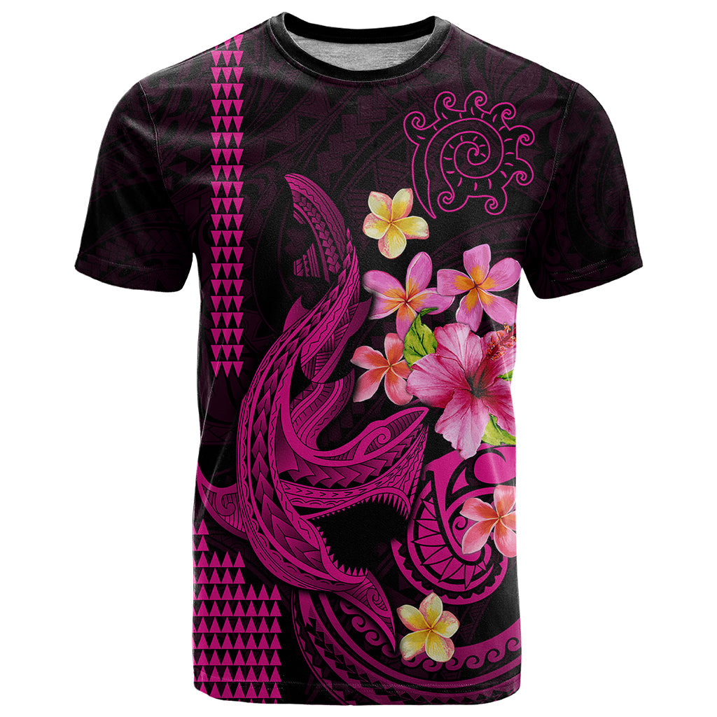 Custom Polynesian T-Shirt Hawaiian Warriors with Tribal Shark Tattoos - Pink Graphic Tee
