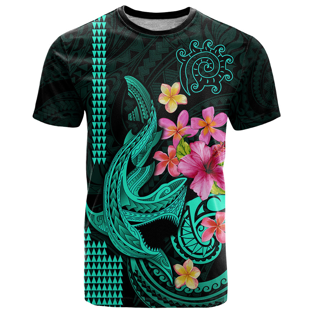 Custom Polynesian T-Shirt Hawaiian Warriors with Tribal Shark Tattoos - Turquoise Graphic Tee
