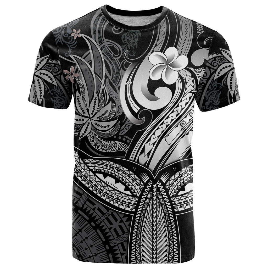 Polynesia T-Shirt Whale Tale and Polynesian Sunset Plumeria Black Graphic Tee