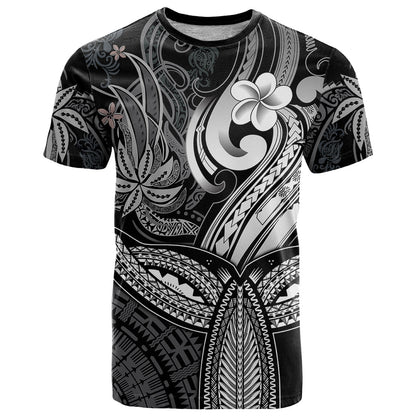 Polynesia T-Shirt Whale Tale and Polynesian Sunset Plumeria Black Graphic Tee