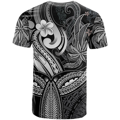 Polynesia T-Shirt Whale Tale and Polynesian Sunset Plumeria Black Graphic Tee