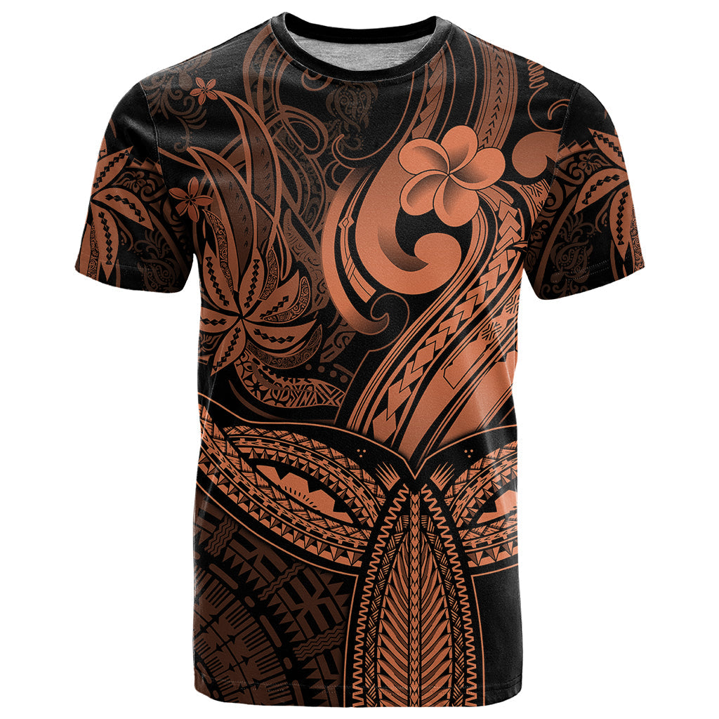 Polynesia T-Shirt Whale Tale and Polynesian Sunset Plumeria Gold Graphic Tee