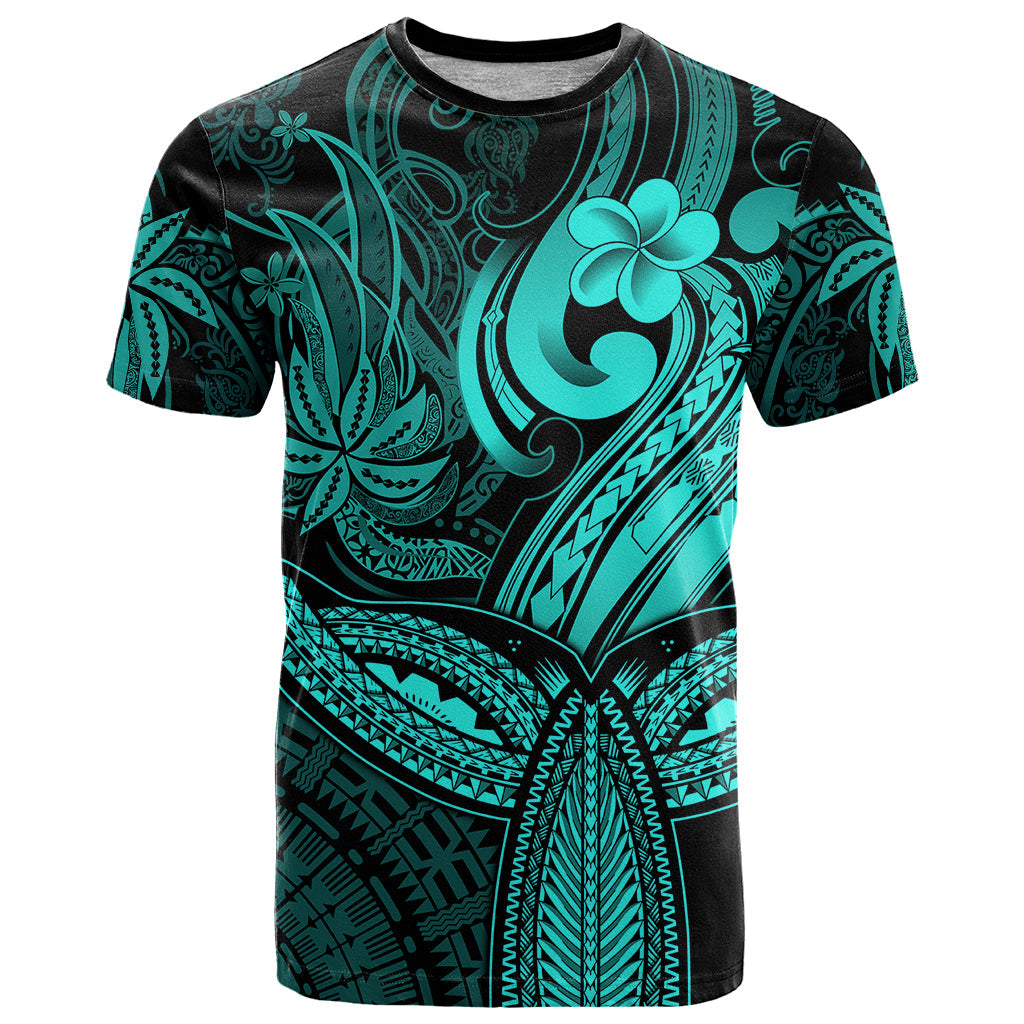 Polynesia T-Shirt Whale Tale and Polynesian Sunset Plumeria Turquoise Graphic Tee