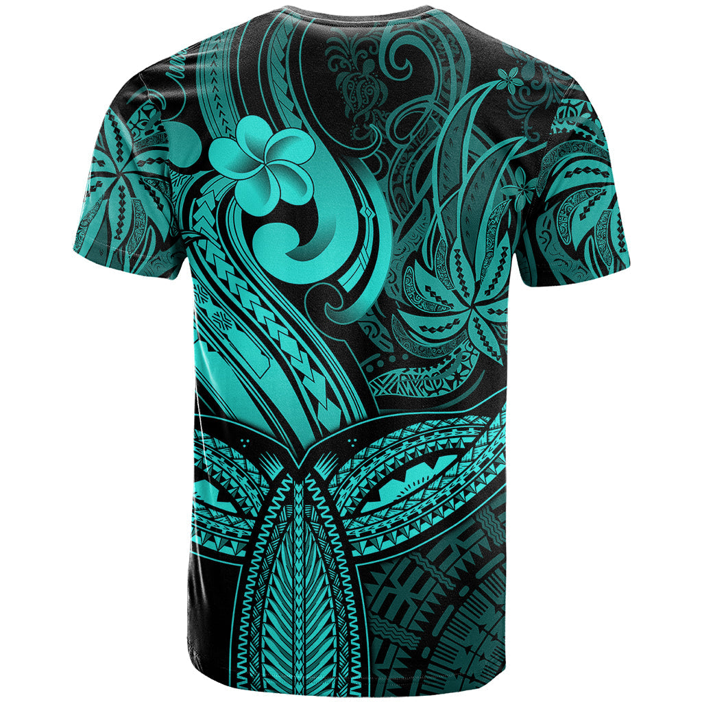 Polynesia T-Shirt Whale Tale and Polynesian Sunset Plumeria Turquoise Graphic Tee