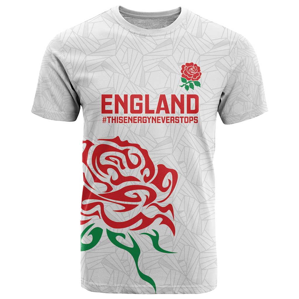 Custom Women Rugby England T-Shirt Red Roses Energy Never Stops Graphic Tee