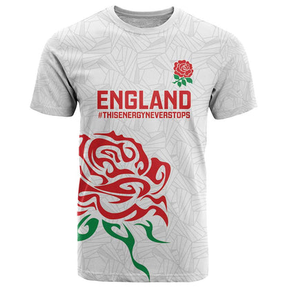 Custom Women Rugby England T-Shirt Red Roses Energy Never Stops Graphic Tee
