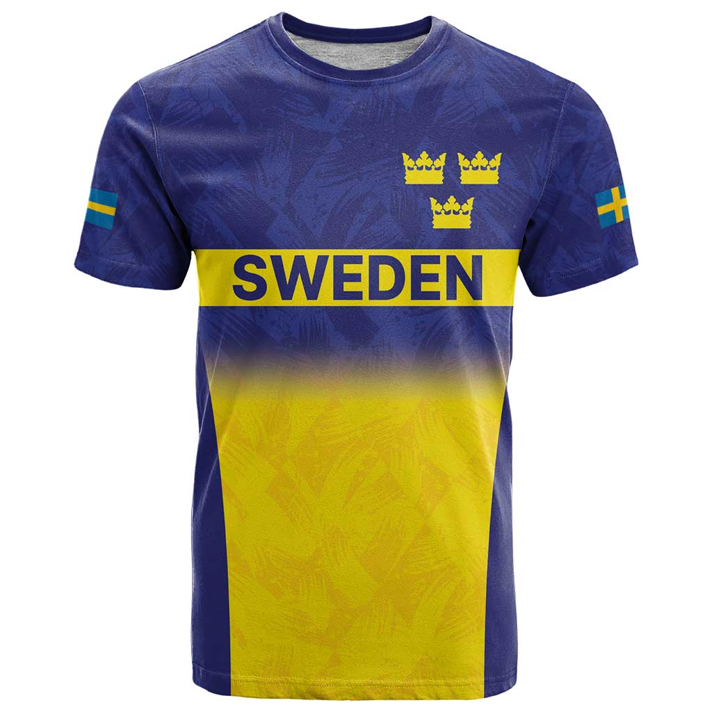 Sweden Rugby Custom T-Shirt Three Crowns of Sweden Blue Pattern Graphic Tee