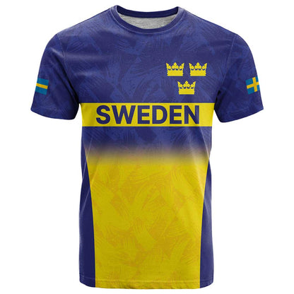 Sweden Rugby Custom T-Shirt Three Crowns of Sweden Blue Pattern Graphic Tee