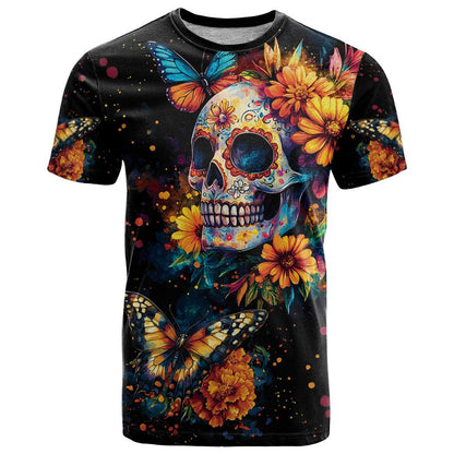 Mexican La Calaca and Marigold Flowers T-Shirt Skull Day Of The Dead Graphic Tee