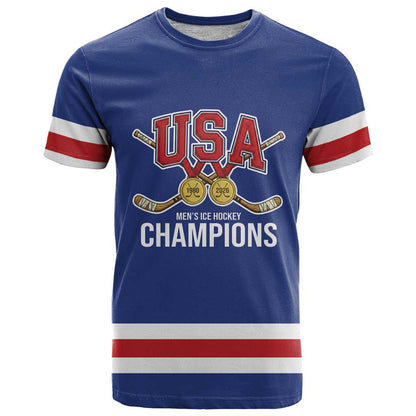 Custom USA Hockey 1980–2026 Gold Medal T-Shirt Embroidery Effect Blue Graphic Tee